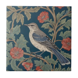 William Morris style Left facing Mockingbird Bird Tile