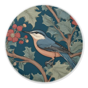 William Morris style Left Facing Nuthatch Bird Ceramic Knob