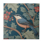 William Morris style Left Facing Nuthatch Bird Tile<br><div class="desc">"classy classic art nouveau",  "nut hatch nuthatch Bird",  "sage green woodland animals",  "william morris ceramic tile",  "leafy dark navy blue",  "stylish red forest tree leaves",  "left facing vintage birds",  "wildlife garden animal on branch",  "nature floral flower botanical",  "old fashioned traditional antique"</div>