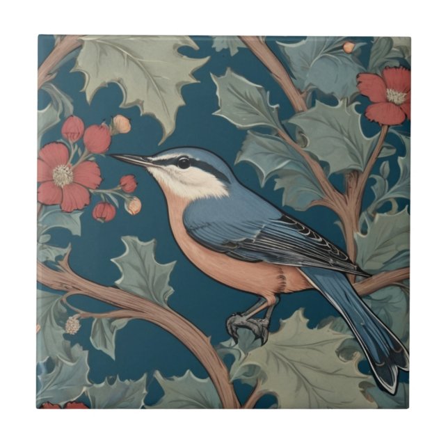 William Morris style Left Facing Nuthatch Bird Tile (Front)