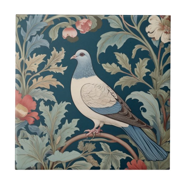 William Morris style Left facing Pigeon Bird Tile (Front)