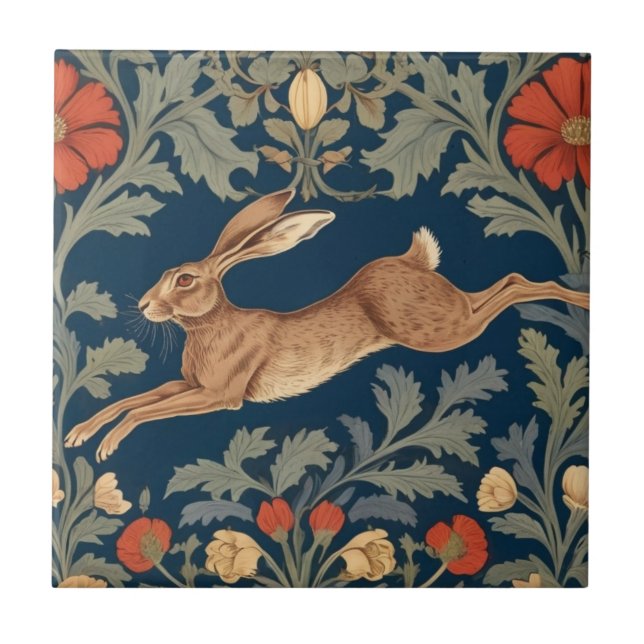 William Morris style Left Facing Running Hare Tile (Front)
