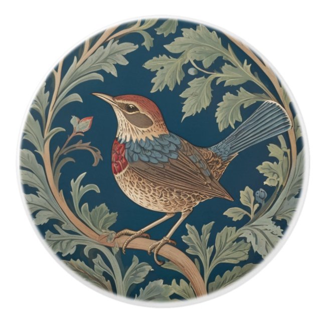 William Morris style Left facing Wren Bird Ceramic Knob (Front)