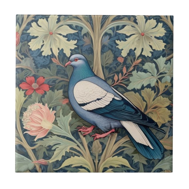 William Morris style Left Floral Pigeon Bird Tile (Front)