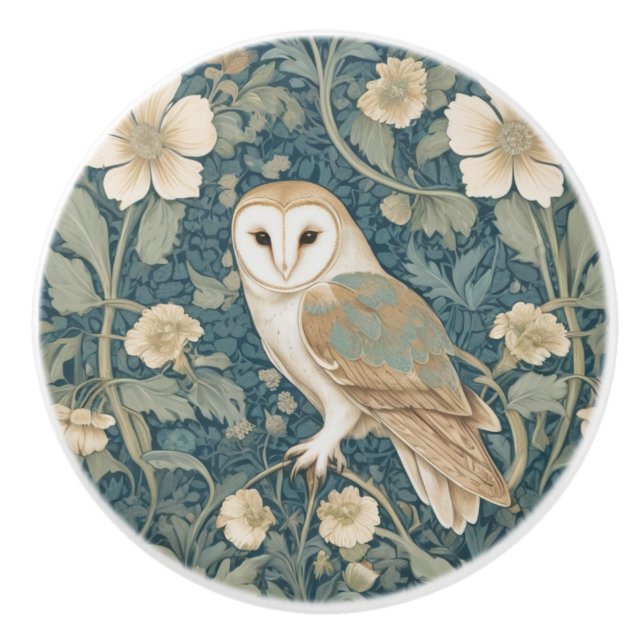 William Morris style Left Teal Cream Barn Owl Ceramic Knob (Front)