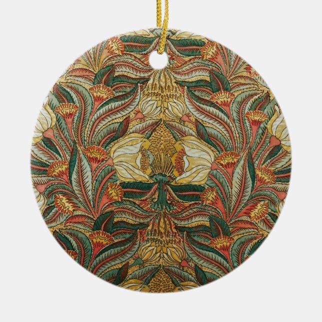 William Morris Style Pink Green Botanical Ceramic Tree Decoration (Front)