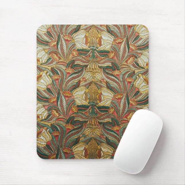 William Morris Style Pink Green Botanical Mouse Mat (With Mouse)