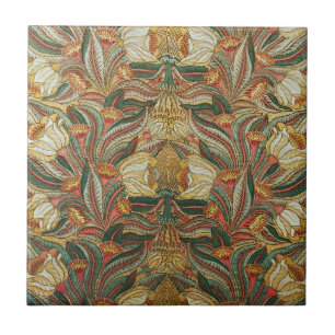 William Morris Style Pink Green Botanical Tile