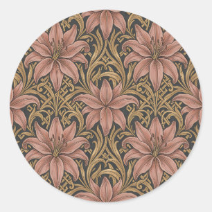 William Morris Style Pink Lily Floral Pattern Dark Classic Round Sticker