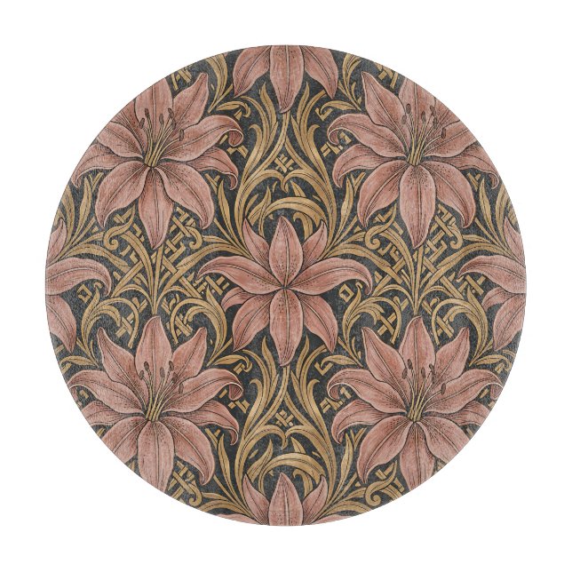 William Morris Style Pink Lily Floral Pattern Dark Cutting Board (Front)