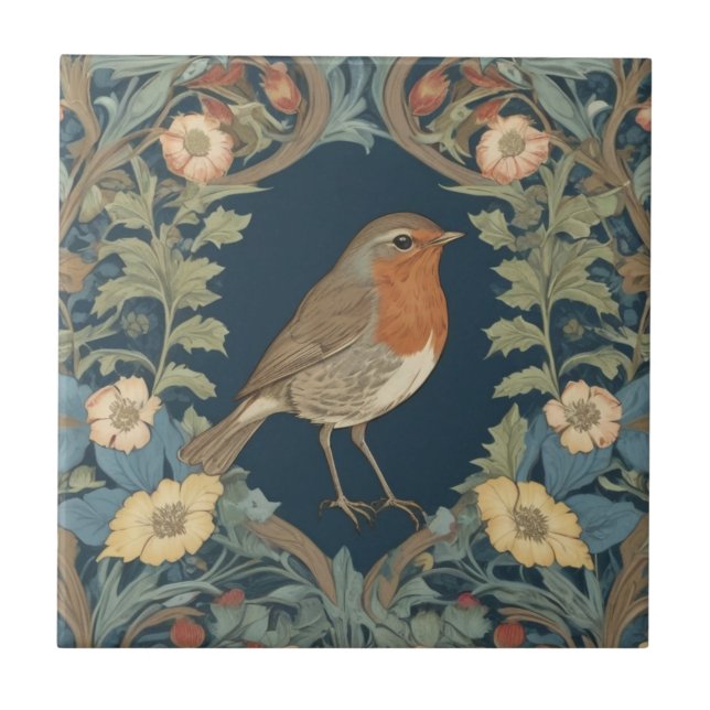 William Morris style R Robin Redbreast Bird Tile (Front)