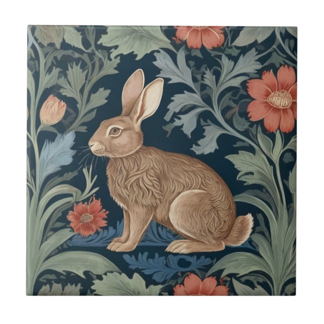 William Morris style Rabbit Left Facing Floral Tile (Front)