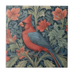 William Morris style Red Cardinal Bird L floral Tile<br><div class="desc">"classy classic art nouveau",  "red crested cardinal bird",  "sage green woodland animals",  "william morris ceramic tile",  "leafy dark navy blue",  "stylish forest tree leaves",  "left facing vintage birds",  "wildlife garden animal on branch",  "nature floral flower botanical",  "old fashioned traditional antique"</div>