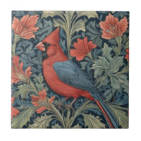 William Morris style Red Cardinal Bird L floral