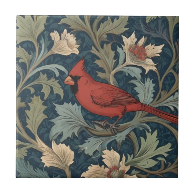 William Morris style Red Cardinal Bird left facing Tile (Front)
