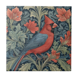 William Morris style Red Cardinal Bird R floral Tile