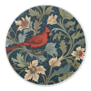 William Morris style Red Cardinal Bird right Ceramic Knob