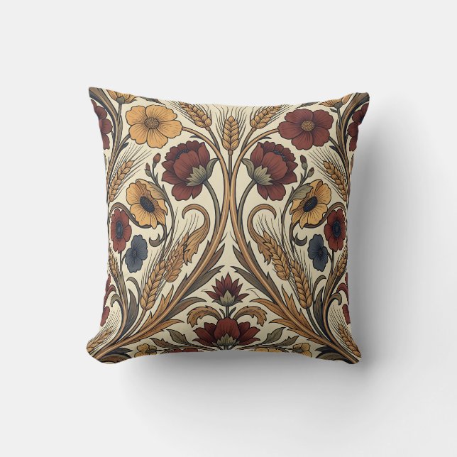 William Morris Style Red Gold Wheat Floral Pattern Cushion (Front)