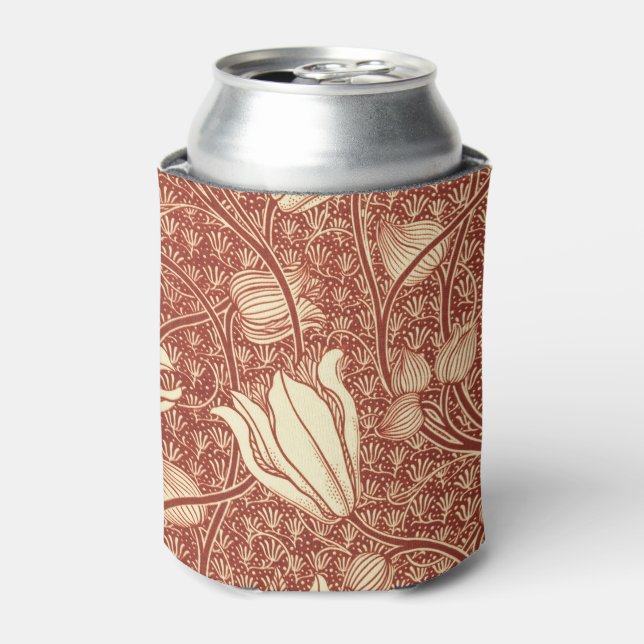William Morris Style Red Lily Floral Pattern Can Cooler (Can Front)