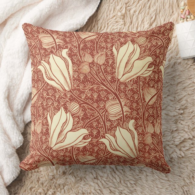William Morris Style Red Lily Floral Pattern Cushion (Blanket)