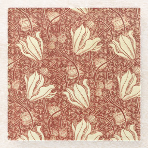 William Morris Style Red Lily Floral Pattern Glass Coaster