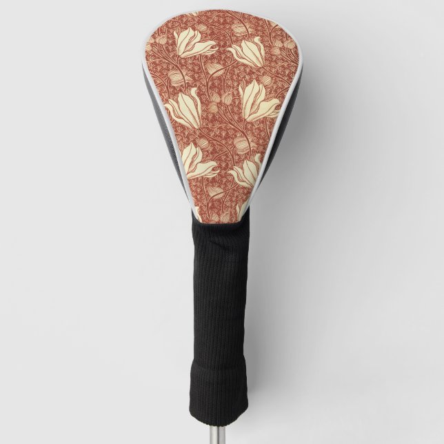 William Morris Style Red Lily Floral Pattern Golf Head Cover (Front)
