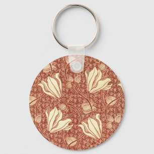 William Morris Style Red Lily Floral Pattern Key Ring