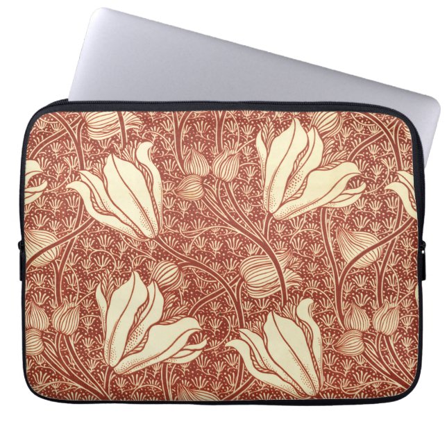 William Morris Style Red Lily Floral Pattern Laptop Sleeve (Front)