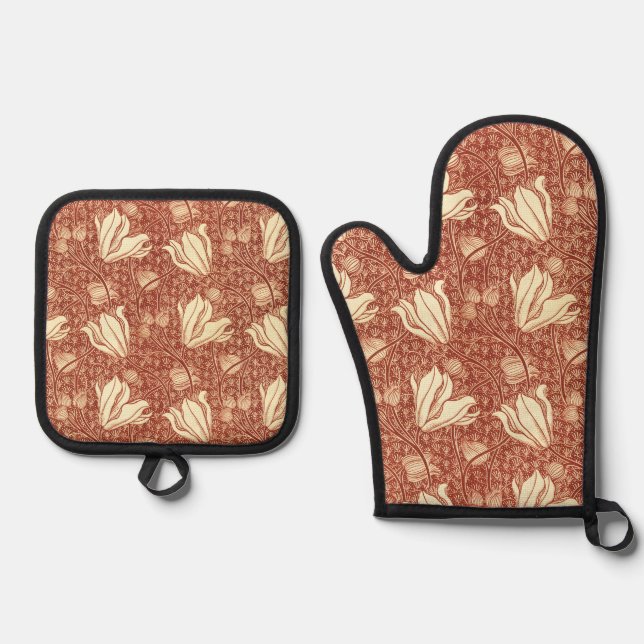 William Morris Style Red Lily Floral Pattern Oven Mitt & Pot Holder Set (Front)