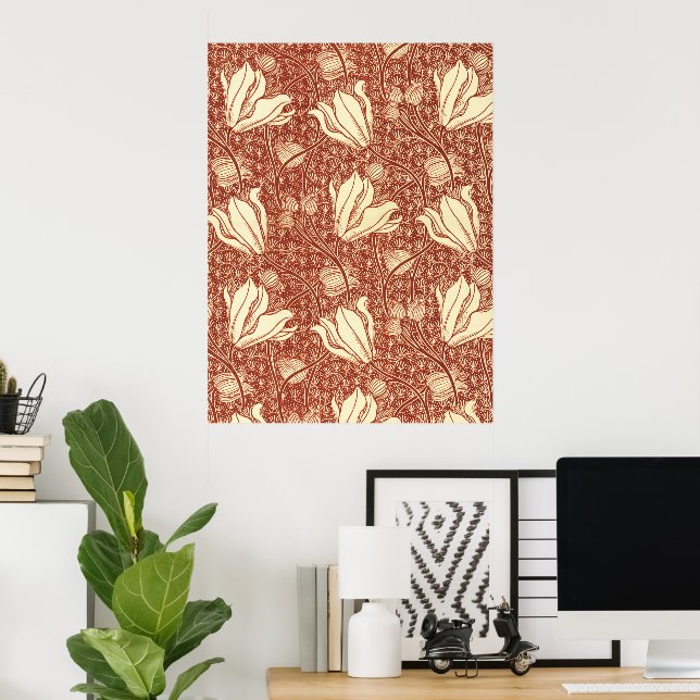 William Morris Style Red Lily Floral Pattern Poster (Home Office)