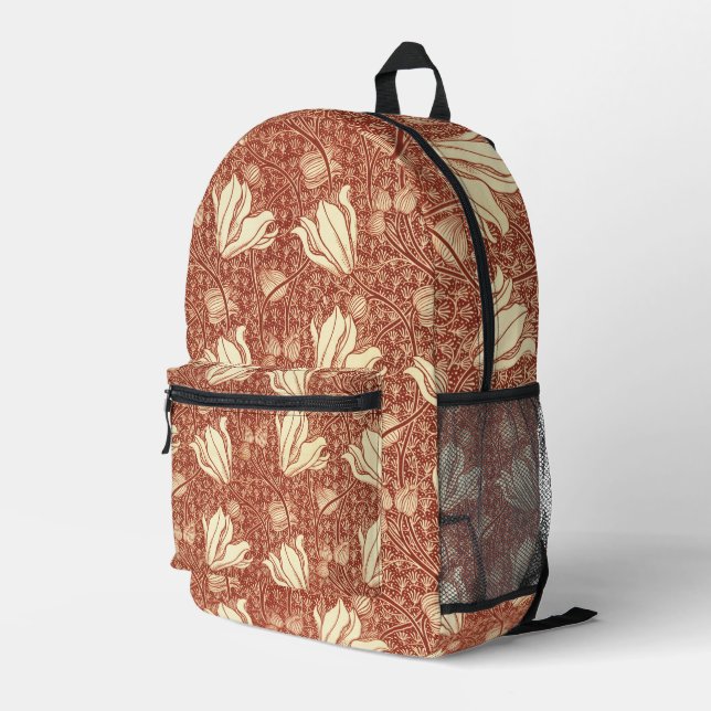 William Morris Style Red Lily Floral Pattern Printed Backpack (Back Corner Right)