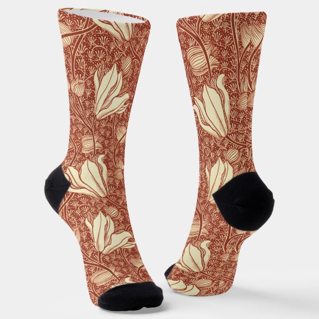 William Morris Style Red Lily Floral Pattern Socks (Angled)