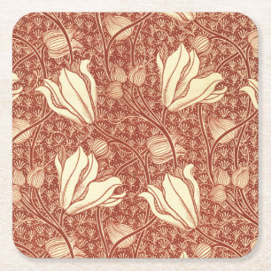 William Morris Style Red Lily Floral Pattern Square Paper Coaster