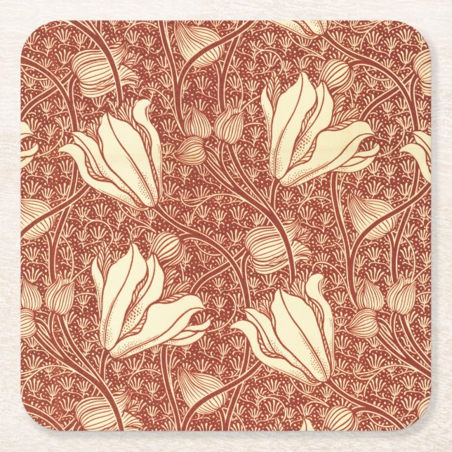 William Morris Style Red Lily Floral Pattern Square Paper Coaster (Front)