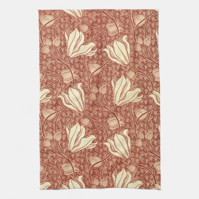 William Morris Style Red Lily Floral Pattern Tea Towel (Vertical)