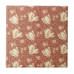 William Morris Style Red Lily Floral Pattern Tile