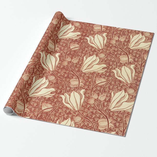 William Morris Style Red Lily Floral Pattern Wrapping Paper (Unrolled)