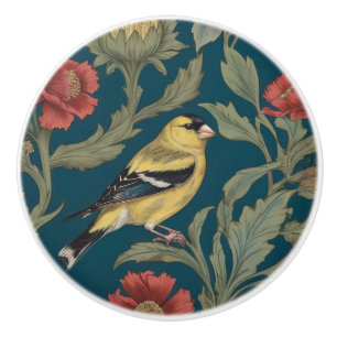 William Morris style Right American Goldfinch Bird Ceramic Knob