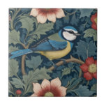 William Morris style Right facing Bird Blue Tit Tile<br><div class="desc">"country classic art nouveau", "bluetit blue tit Bird", "sage green woodland animals", "british william morris ceramic tile", "leafy dark navy blue", "stylish red forest tree leaves", "right facing vintage english birds", "wildlife garden animal on branch", "nature floral flower botanical", "leaf flowers traditional antique"</div>