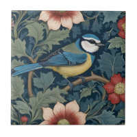 William Morris style Right facing Bird Blue Tit