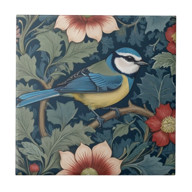William Morris style Right facing Bird Blue Tit  Tile (Front)