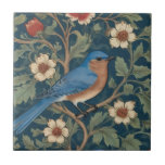 William Morris style Right facing Bluebird Bird Tile<br><div class="desc">"classy classic art nouveau",  "flowery orange bluebird Bird",  "sage green woodland animals",  "william morris ceramic tile",  "leafy dark navy blue",  "stylish red forest tree leaves",  "right facing vintage birds",  "wildlife garden animal on branch",  "nature floral flower botanical",  "leaf flowers traditional antique"</div>