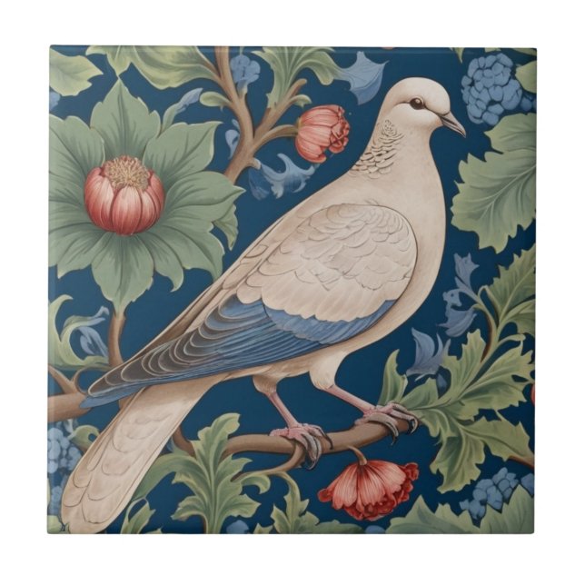 William Morris style Right facing Dove Bird Tile (Front)