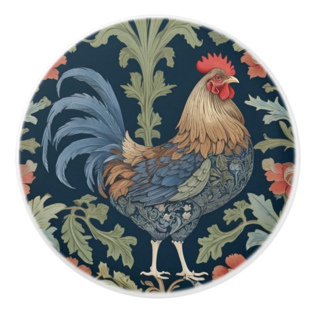 William Morris style Right facing Floral Chicken Ceramic Knob (Front)