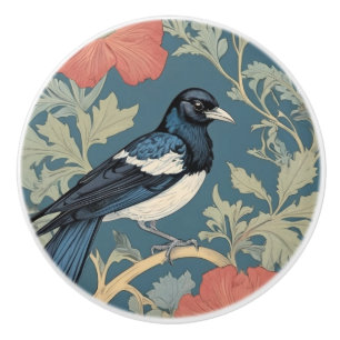 William Morris style Right facing Magpie Bird Ceramic Knob