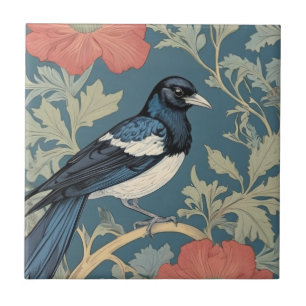 William Morris style Right facing Magpie Bird  Tile