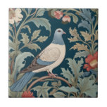 William Morris style Right facing Pigeon Bird Tile<br><div class="desc">"classy classic art nouveau",  "flowery pigeon dove Bird",  "sage green woodland animals",  "british william morris ceramic tile",  "leafy dark navy blue",  "stylish red forest tree leaves",  "right facing vintage english birds",  "wildlife garden animal on branch",  "nature floral flower botanical",  "leaf flowers traditional antique"</div>