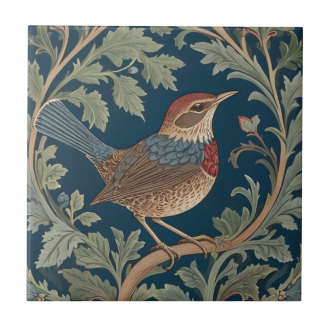 William Morris style Right facing Wren Bird Tile (Front)