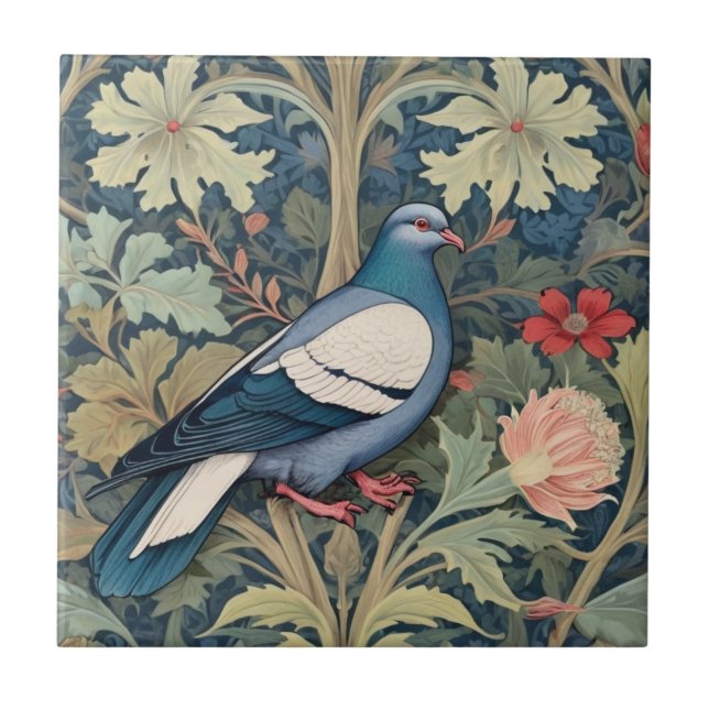 William Morris style Right Floral Pigeon Bird Tile (Front)