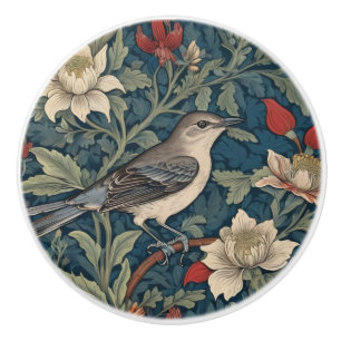 William Morris style Right Mockingbird Bird floral Ceramic Knob